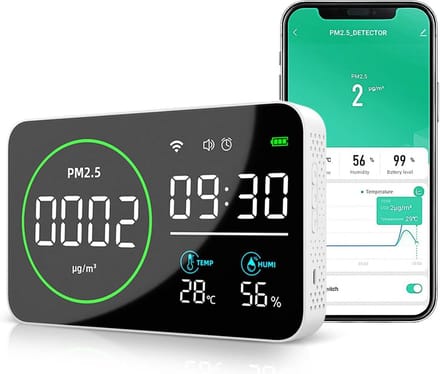 Luchtkwaliteitsmeter met App voor PM2.5, Temperatuur en Vochtigheid