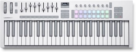 Novation Launchkey 49 MK4 - MIDI Keyboard Controller - 49 Semi-Gewogen Toetsen - 4 Octaven - 16 FSR Drumpad - 9 Faders - 8 Encoders - OLED Display - USB-C - 5-Pins MIDI - Wit