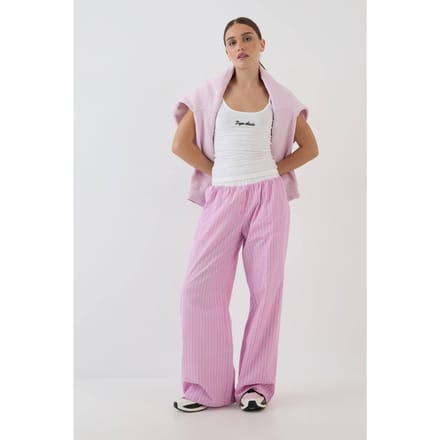 Dames Dsgn Studio Henley Knoop Katoenen Poplin Gestreepte Rechte Pijp Broek | Pink | Maat: Medium