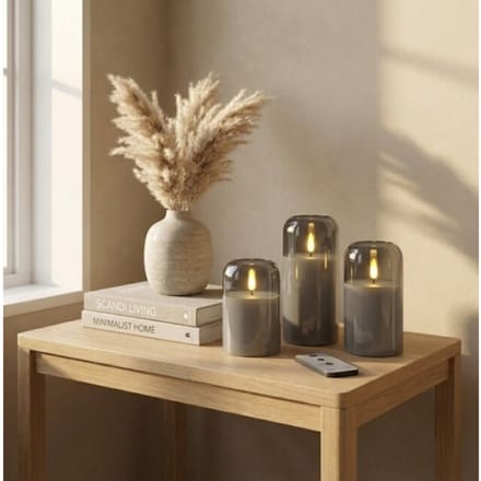 OMNIEXA LED Kaarsen Set van 3 in Glas - 3D Vlam en Timer - Afstandsbediening - Grijs Rookglas