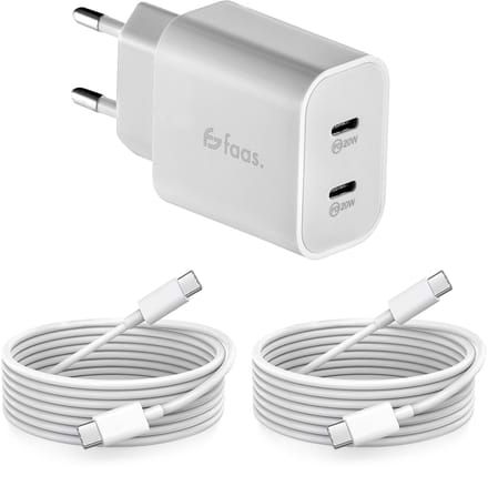 Faas USB C Oplader - Snellader - 40W - 2x 20W Poort - 2 kabels - 1.5 meter - USB C Kabel - USB C naar USB C - Wit