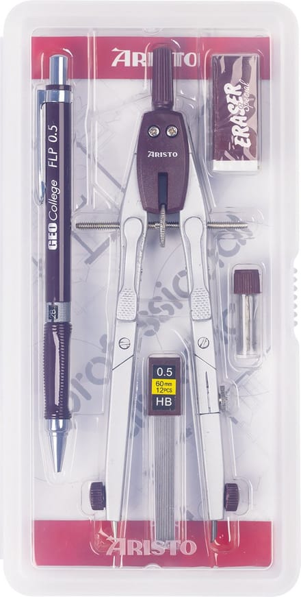 Aristo schoolset - GEOCollege - set 5-delig - in plastic etui - wijnrood/zilver - AR-80064