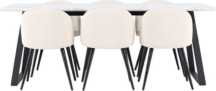 Malaga eethoek eetkamertafel 90x200cm wit en 6 Skagen stoel fluweel beige.