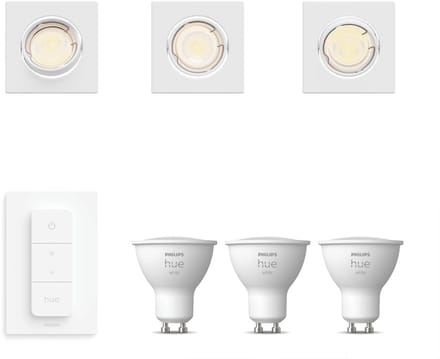 Philips Hue Peridot Set van 3 Inbouwspots (Wit) - Vierkant - Richtbaar - GU10 - Warmwit Licht - Incl. Hue Dimmer Switch - Hue White