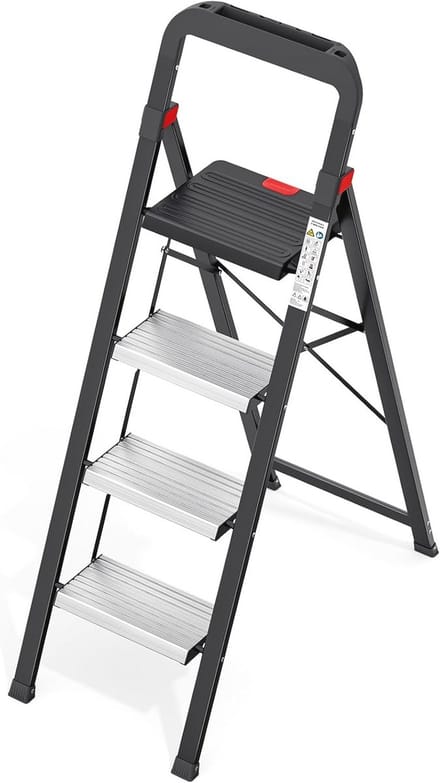 Inklapbare aluminium trapladder met leuning - 4 treden, antislip en klapbeveiliging