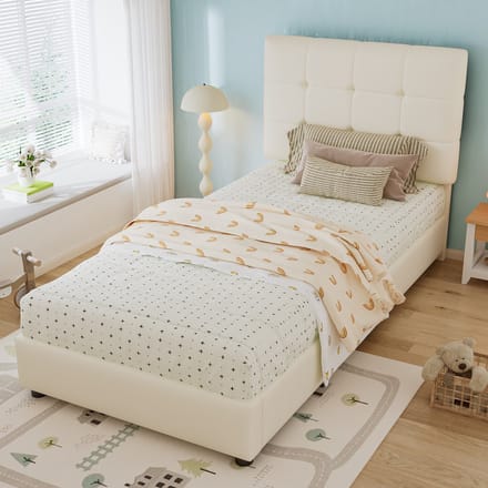 PHOEBE CAT Gestoffeerd bed - 90x200 cm - Biscuitvormig hoofdeinde - Kinderbed - Kunstleer - Beige