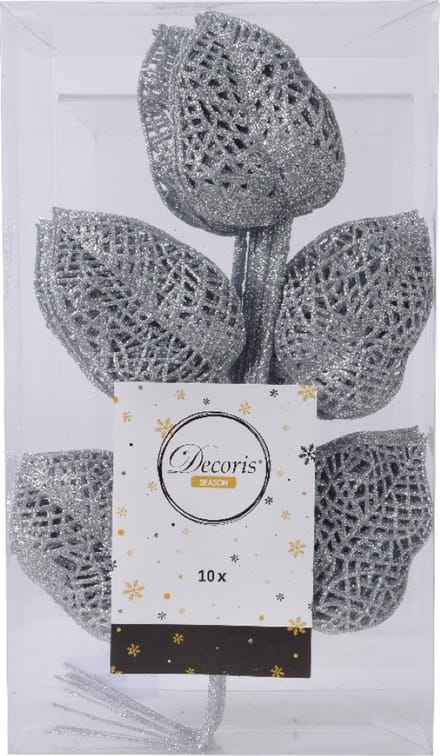 Kunstplanten, takdecoratie, decoratief blad zilver glitter L36cm 10 st
