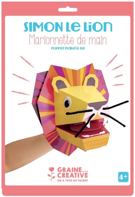 GRAINES CREATIVES - Kartonnen handpop Simon de leeuw 20,5 x 29 cm, knutselpakket