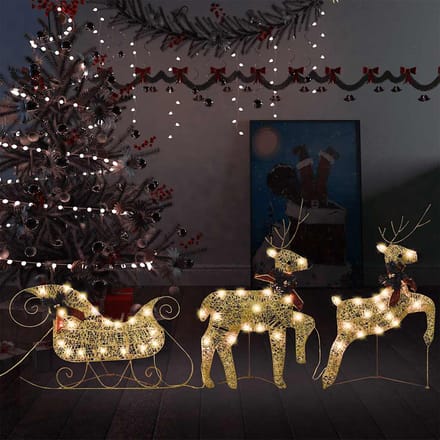 vidaXL - Kerstdecoratie - rendieren - en - slee - 60 - LED's - goudkleurig