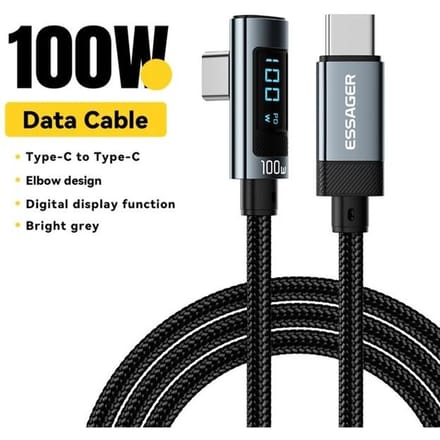 Essager PD100W USB Type C naar USB C-kabel 5A snellaadkabel 90 ° LED digitale displaykabel voor Huawei Xiaomi Samsung MacBook 2m grijs