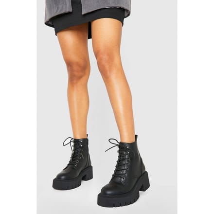 boohoo Dames Tabdetail Chunky Veters Hikerlaarzen | Black | Maat: 8