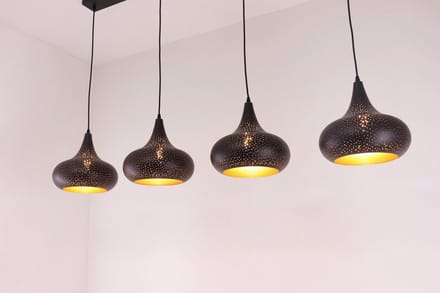 Hanglamp - 4lichts - zwart met gouden binnenkant - 150cm
