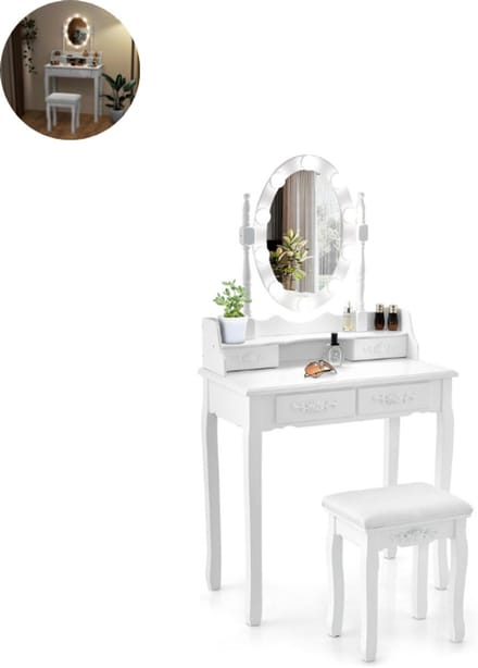 Kaptafel met spiegel en verlichting - Make up tafel - Make up - Toilettafel - Met lades - Wit