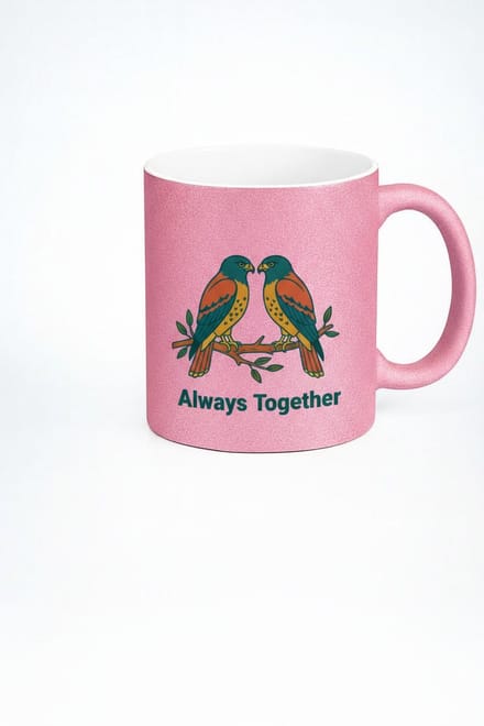 Glitter Roze Mok met Liefdesvogels | 'Always Together' Cadeau Beker