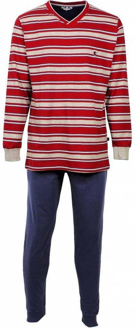 MEQ Heren Pyjama - V- Hals - Gestreept - Lange mouwen - Rood - Maat XXL