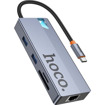Hoco 8-in-1 USB-C Hub met HDMI 4K@60Hz, Fast Ethernet (100Mbps), 2x USB-A 3.0, Card Reader