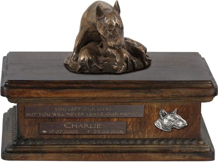 Persoonlijke urn voor Bull Terrier as met beeldje en houten design