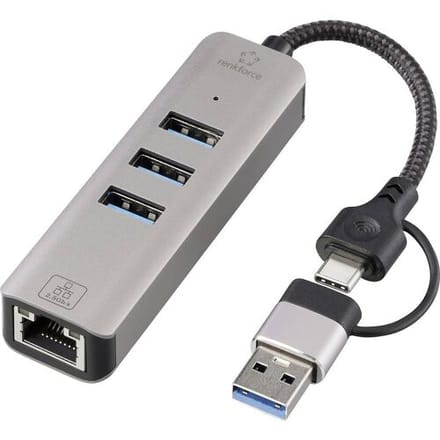 Renkforce RF-EAWH-300 RF-6856046 USB-hub 3 poorten USB-A, RJ45 USB 3.2 Gen1 5 GBit/s Met ingebouwde netwerkaansluiting Grijs