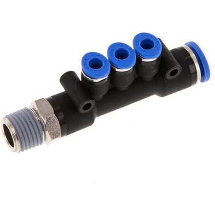 4mm x 8mm x R1/4'' 3-way Manifold Messing/PA 66 Insteekfitting Buitendraad Draaibaar NBR