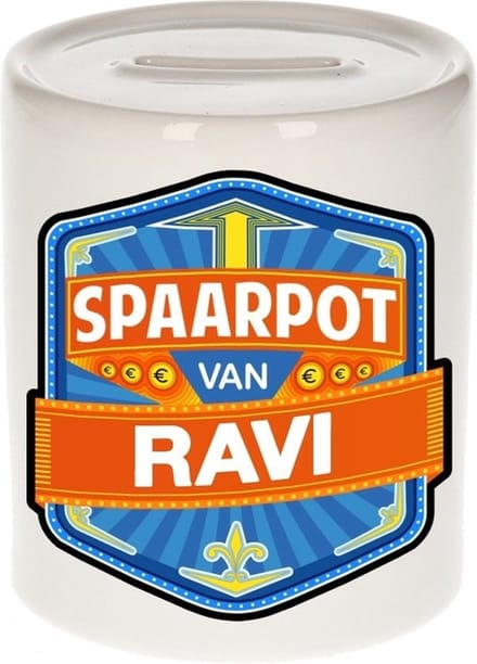 Bellatio Decorations Kinder spaarpot met naam - Ravi - keramiek - met dop - wit - Sparen - Spaargeld van Ravi