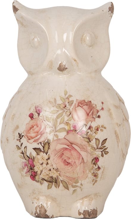 Clayre & Eef Decoratie Beeld Uil 13x12x21 cm Beige Keramiek Bloemen