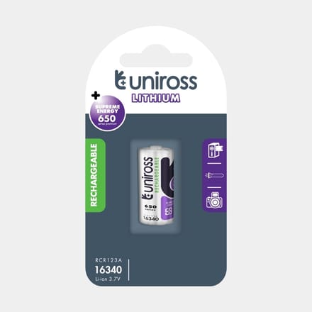 Uniross Rechargeable Lithium RCR123A/16340 650mah 1 pack
