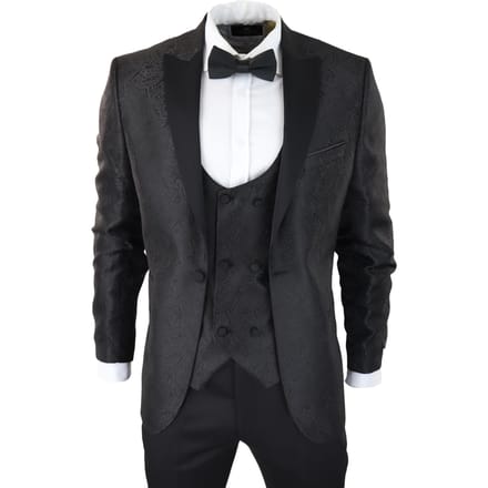 Heren zwarte smoking blazer vest brokaat satijn paisley formeel dinerjack