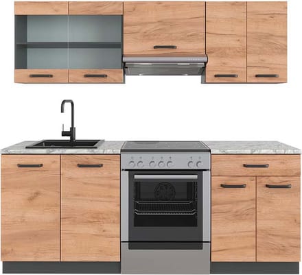 Vicco R-Line Complete keukeneenheid – 200 cm, WB Marmer Eik goud/antraciet