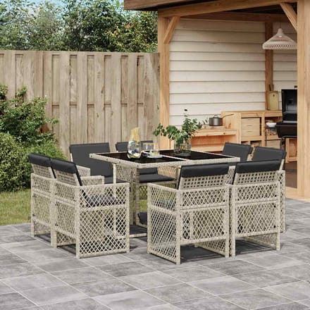 vidaXL - 9-delige - Tuinset - met - kussens - poly - rattan - lichtgrijs