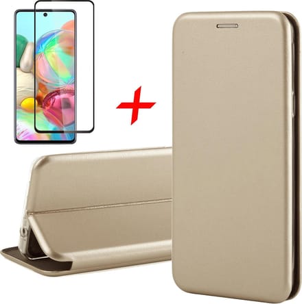 Hoesje geschikt voor Samsung Galaxy A71 - Screen Protector FullGuard - Book Case Kunstleer ThinShield Goud & Screenprotector