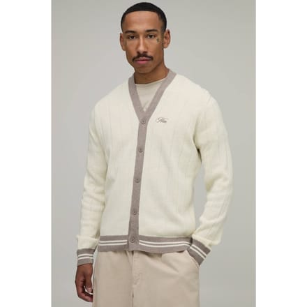 Regular Fit Ribbed Knitted Cardigan | Ecru | Size Large