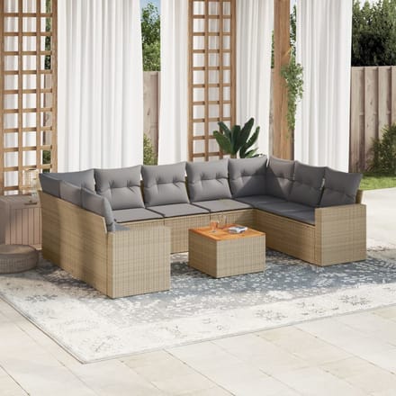 vidaXL - 10-delige - Loungeset - met - kussens - poly - rattan - beige