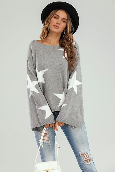 Oversized grijze trui met wijde mouwen en witte ster