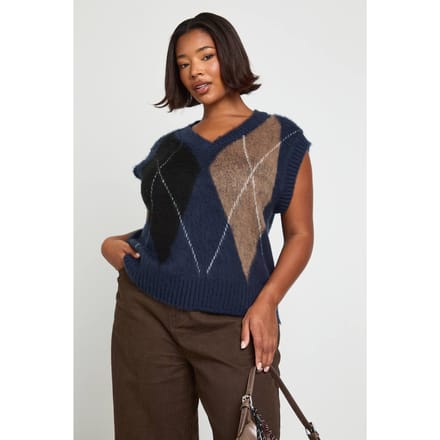 boohoo Dames Plus Argyle Gebreide Vest | Navy | Maat: 20-22