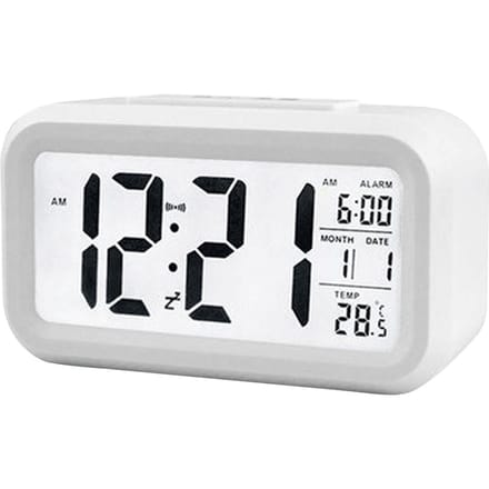 Réveil numérique intelligent avec bouton Snooze de date et de température sur le dessus rectangulaire à piles blanc