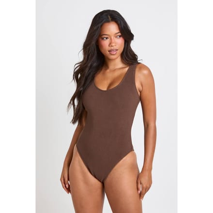 boohoo Dames Gestructureerd Badpak Met Ronde Hals | Chocoladebruin | Maat: 40