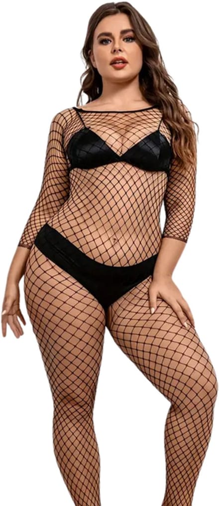 LekkerStout Plus Size Visnet Catsuit - Zwart, Kruisloos Design - One Size L-XXL | LS269