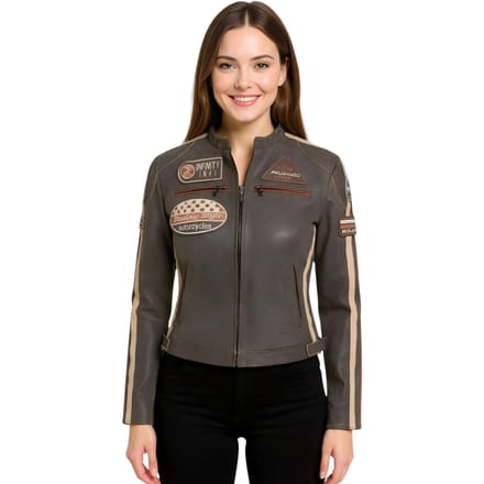 Dames vintage bruine leren bikerjack met racebadges - Dalby