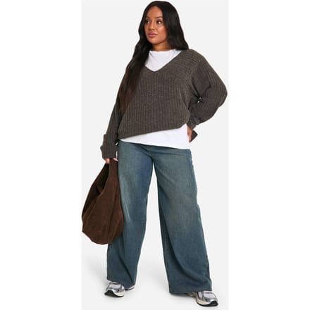 boohoo Dames Plus Mixed Rib Longline Jumper | Chocoladebruin | Maat: 44-46