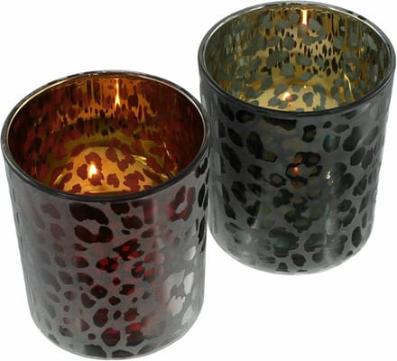 Windlichten - 2 set - Glas - Ø 8 x 10 cm - Rood - Zwart