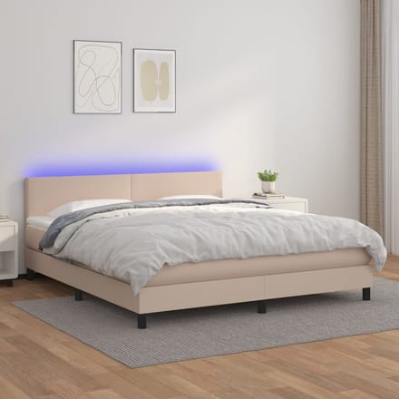vidaXL - Boxspring - met - matras - en - LED - kunstleer - cappuccinokleur - 180x200cm