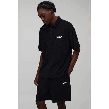 Oversized Towelling Polo & Baggy Short Set | Black | Size Medium