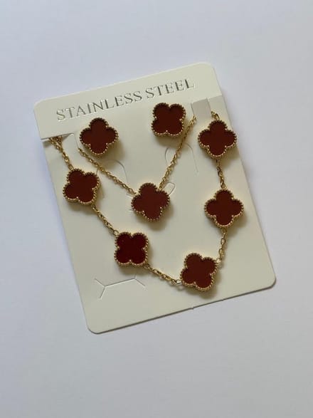 Donker Rode klaver set - Sieraden set- Ketting - Armband - Oorbellen - Geschenk set