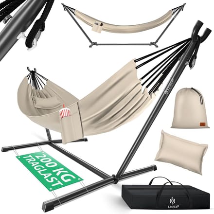 Hangmat met frame - Dubbele hangmat - Ontspanning buiten - Stabiel stalen frame - 200kg draagkracht - Beige