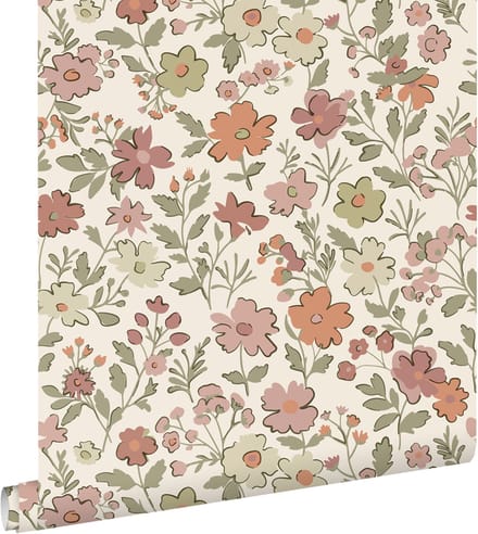 ESTAhome behang bloemetjes terracotta, groen en wit - 50 x 900 cm - 131324