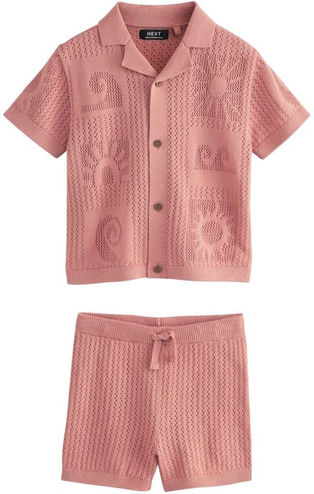 Next - Jongens - Set van textuurgebreid poloshirt en short - Roze