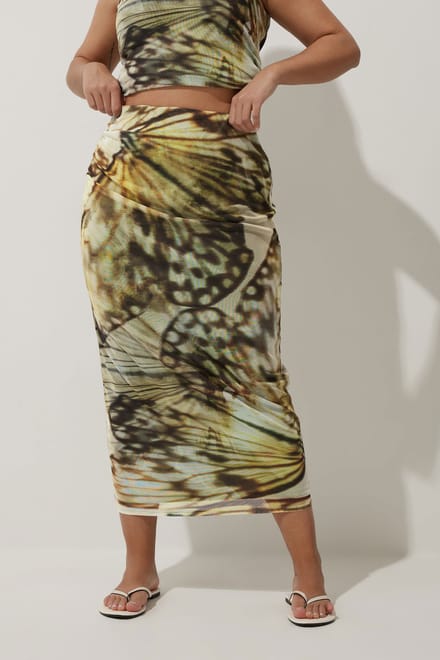 Limited Collection Midaxi Mesh Rok Met Vlinderprint In Groen Size 54-56