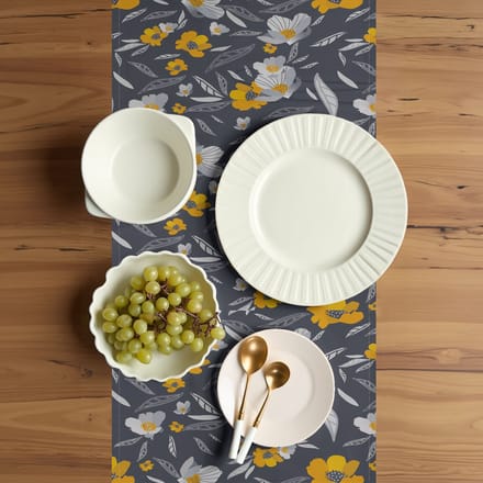 AbakuHaus Bloem tafelrunner – botanisch patroon – 40x180 cm – polyester – Aarde Geel Lichtgrijs
