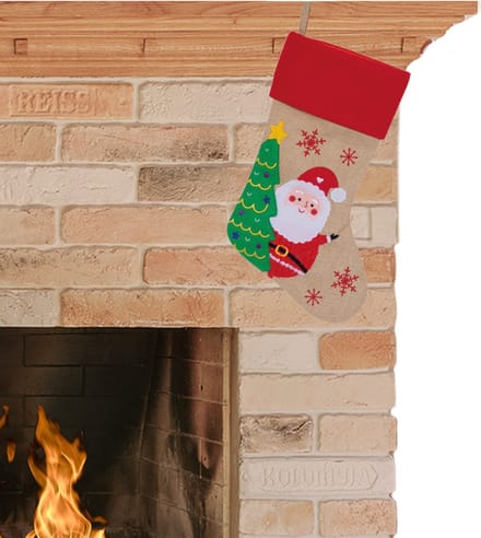 Kerstsok - beige met rood - polyester - H46 cm - met kerstman print