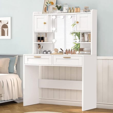Dressing Table with Large Mirror and Adjustable Lighting - Modern White Makeup Table with Storage